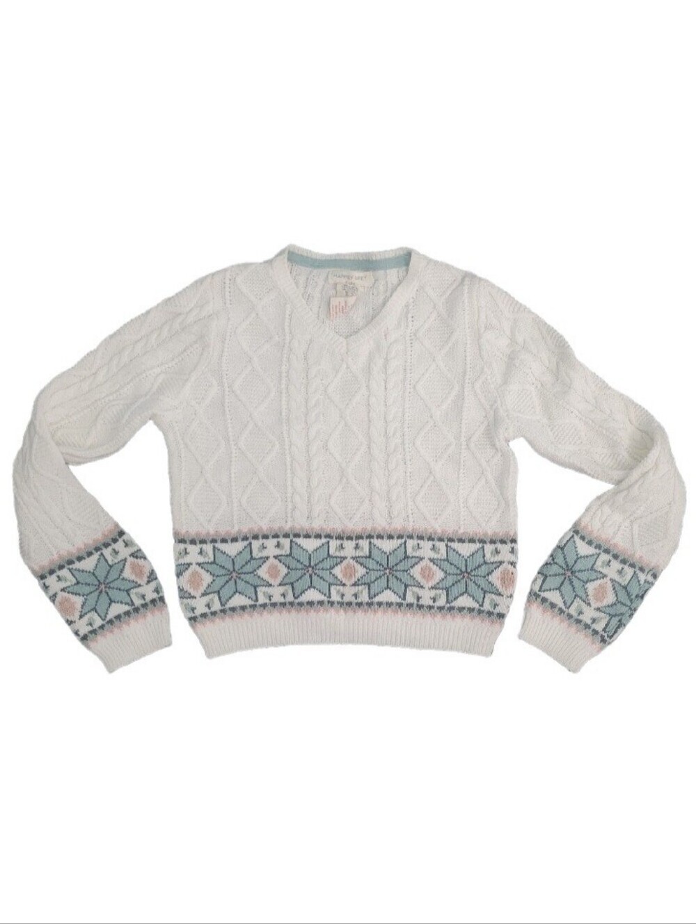 HAPPILY Grey Kids Fair Isle Cable Knit Sweater Sz L 10- 12 Ivory Cotton Fall